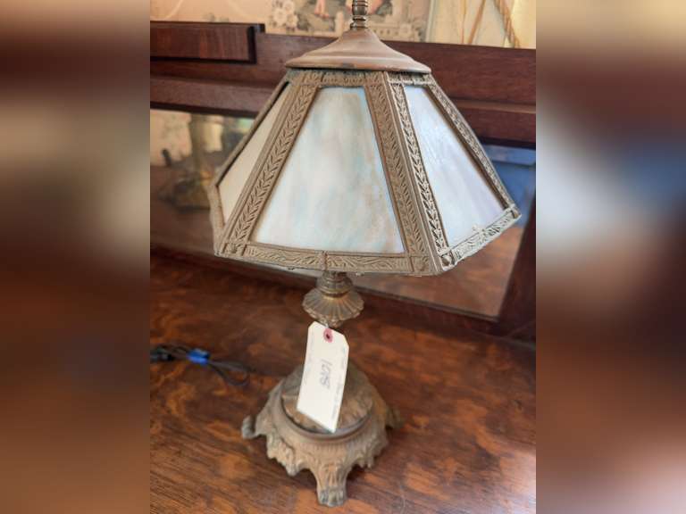 18” Slag glass lamp with ornate cast metal base.  Base is loose