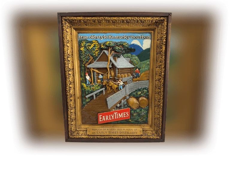 Early Times bourbon – True Old South Kentucky bourbon – replica of a very old plaque of an early times distillery measures approximately 22 3/4" by 28 1/2". Sign weighs approx 16 lbs. A truly beautiful piece.