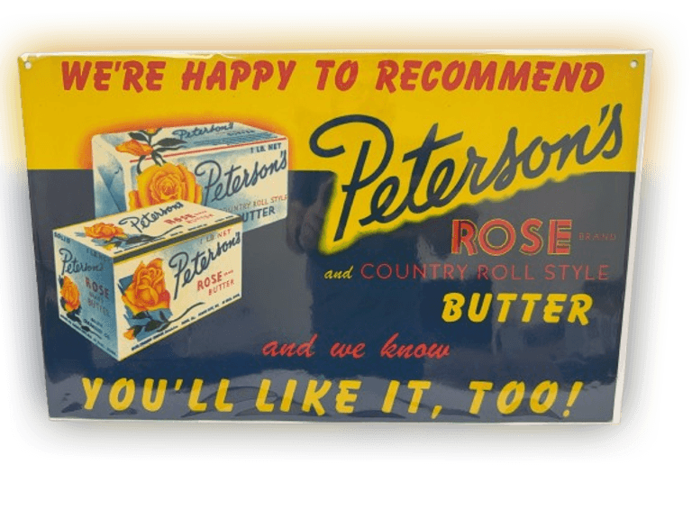 Peterson’s sign with two easels on back. Approximately 21” x 13”
