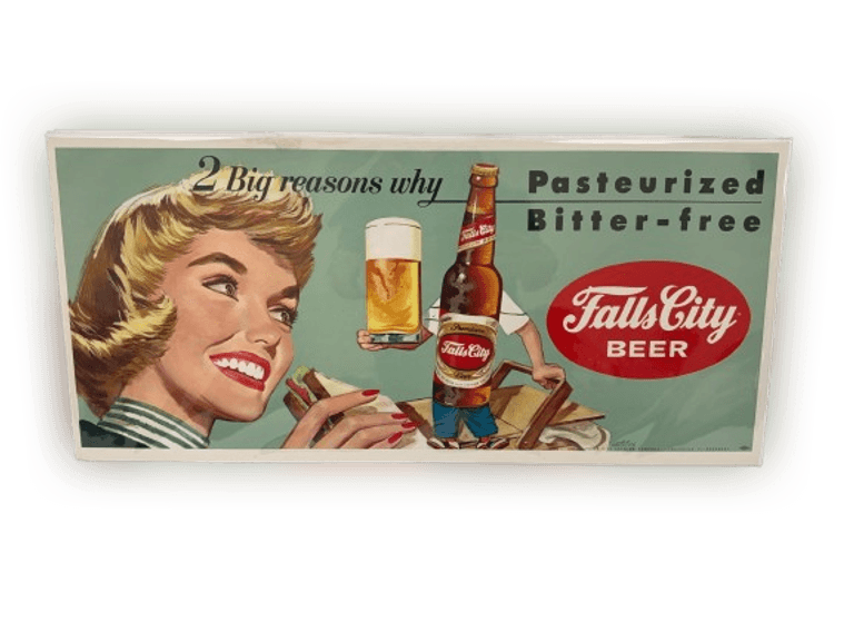 Falls city beer, cardboard, trolley sign – woman eating a sandwich. Approx 24” x 11”