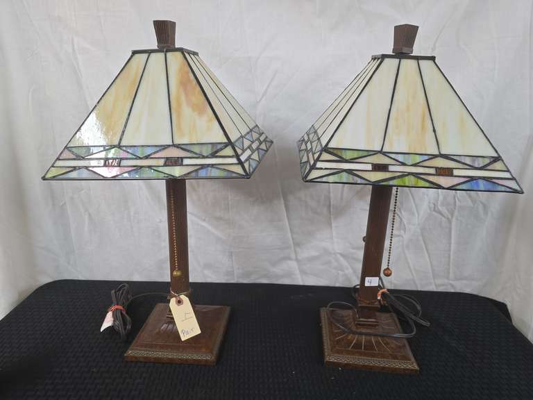 Slag Glass Lamps with Double Lights and Metal Base
