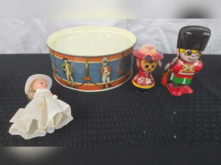 Tin Drum and Soldier, Madam Alexander Doll and Wood Bobblehead