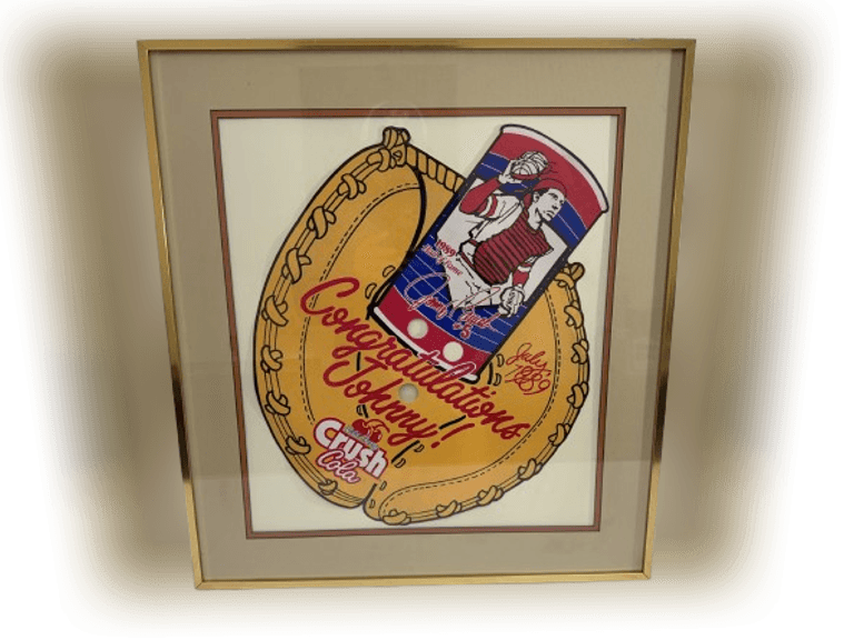 Johnny Bench 1989 Hall of Fame- Wild Cherry Crush Cola sign- framed.  Sign approx 17" x 19.5". Frame approx26.5" x 24".