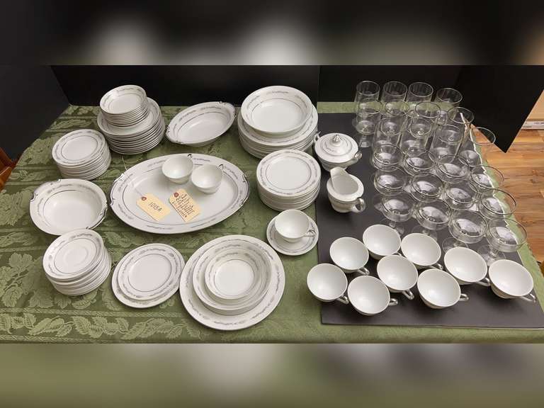 84 pices of Princess China Japan. Pattern is Silver Wheat. 24 matching glasses, clear with silver colored rim.