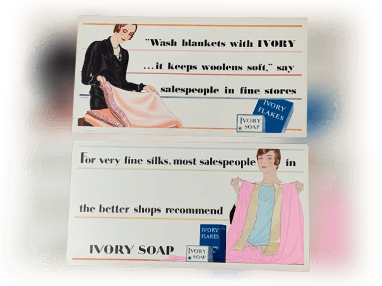 1929 Ivory Soap Cardboard Trolley Sign - P & G Cincinnati, Ohio. Art Deco Design With Flapper Girl Has Amazing Colors, Minor Wear, and is Almost 100 Years Old. Ivory Soap From Procter & Gamble.  21" X 11”