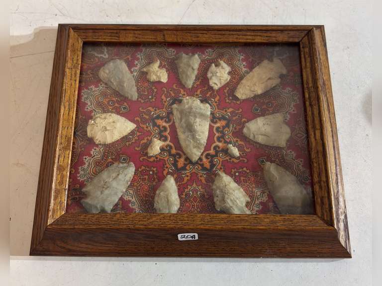 Framed arrowheads display,  approximately  11x13