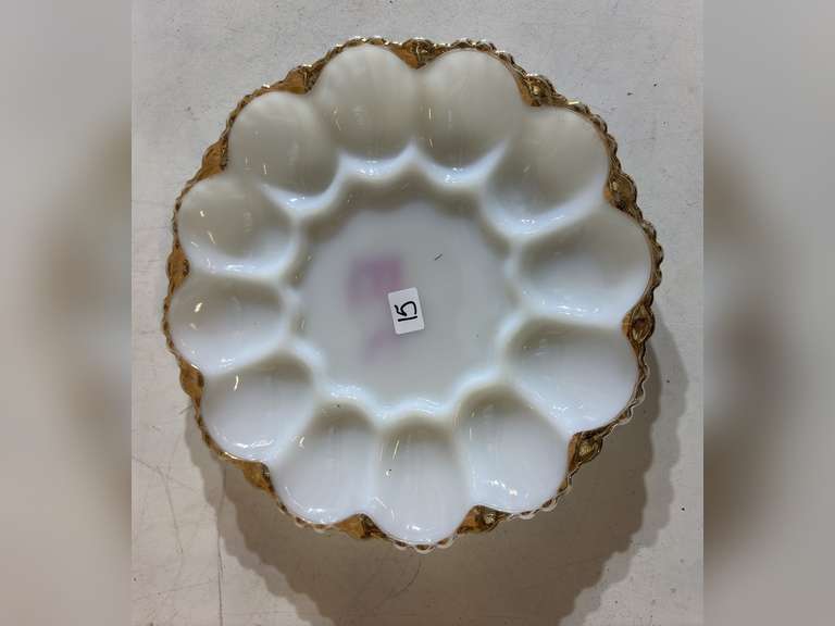 Gold trimmed milk glass deviled egg plate