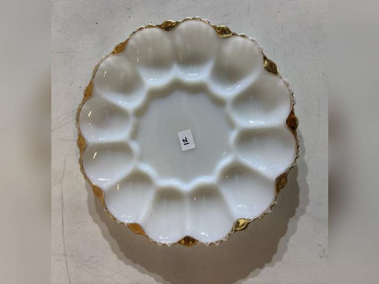 Deviled egg dish, milk glass with gold trim
