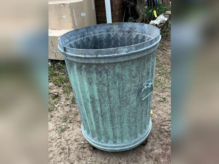 Galvanized can on rollers - 26 inches tall by 21 inches in diameter ...