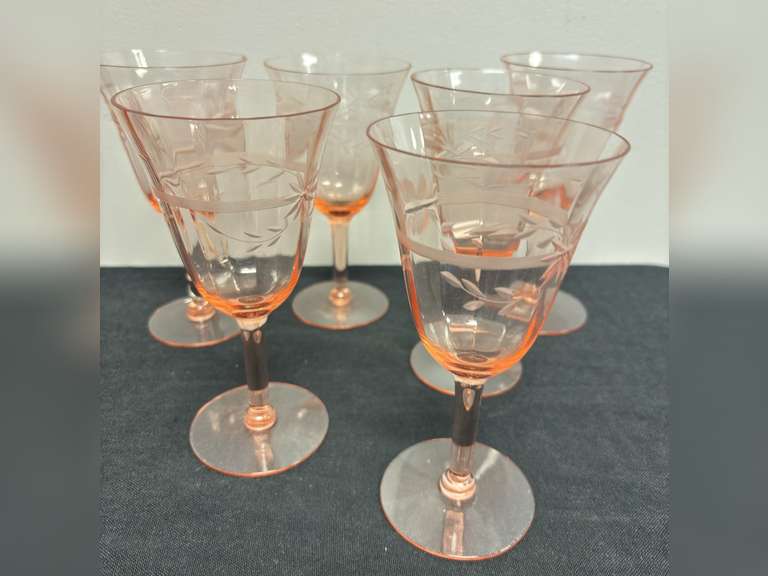 Vintage Pink Glass Water Goblets Engraved Floral Paneled Glass 8 Ounces