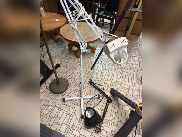 Magnifying floor lamp and clamp on lamp.