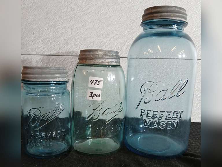 3 Vintage  Blue Mason Jars