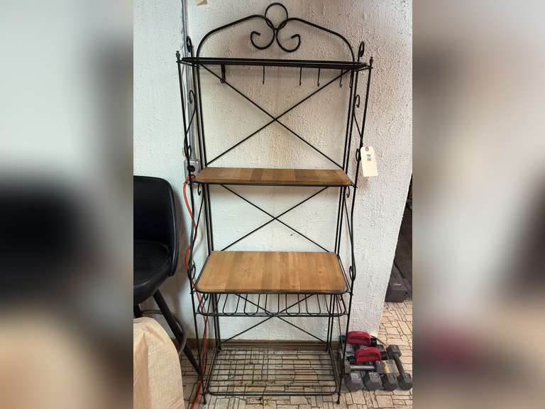 Wrought iron rack with wood shelves