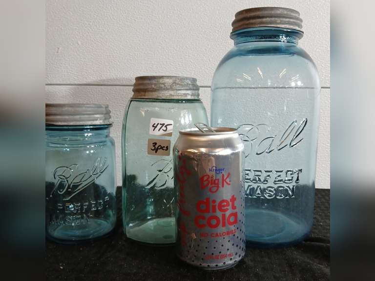 3 Vintage  Blue Mason Jars