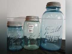 3 Vintage  Blue Mason Jars