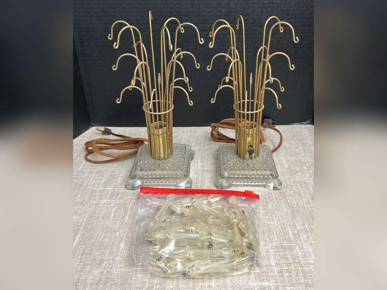 Pair of vintage glass base dresser lamps with plastic tear drops - 12” tall x 5” square base. Used as jewelry trees.