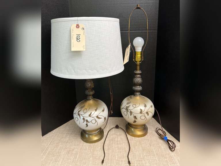 Pair of table lamps with embossed vines & leaves.