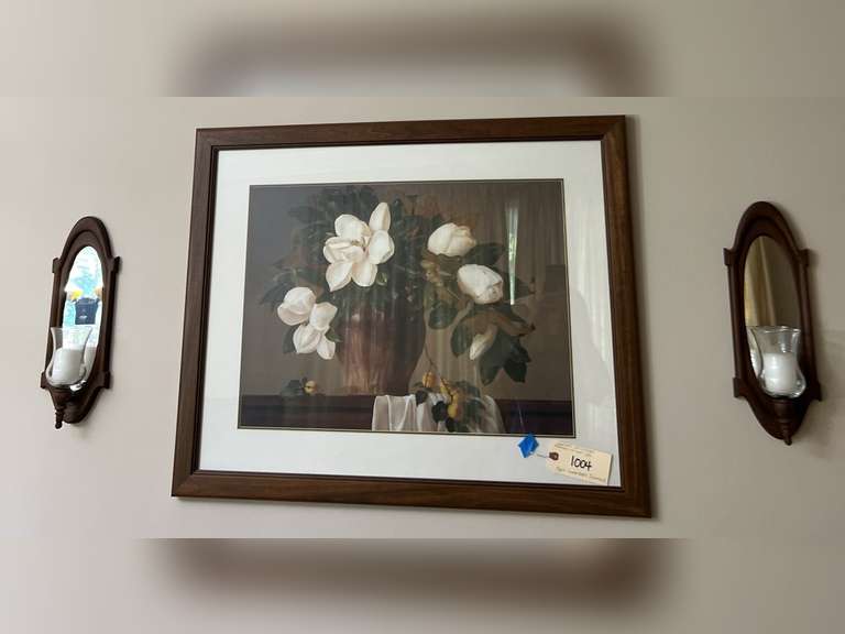 Framed art and 2 mirrored sconces. See tag for dimensions.