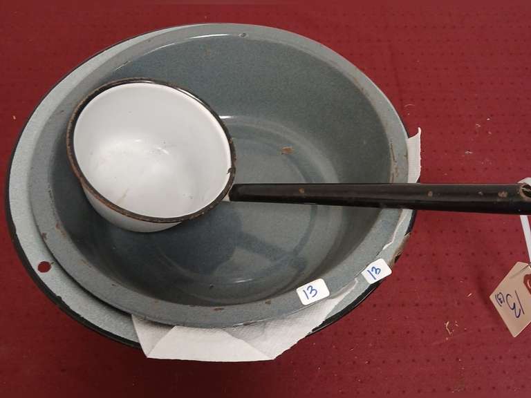 2 Enamel Pans and a Dipper