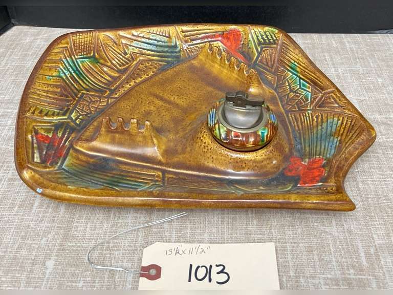 mid century ash tray with lighter - 13.5” x 11.5”.