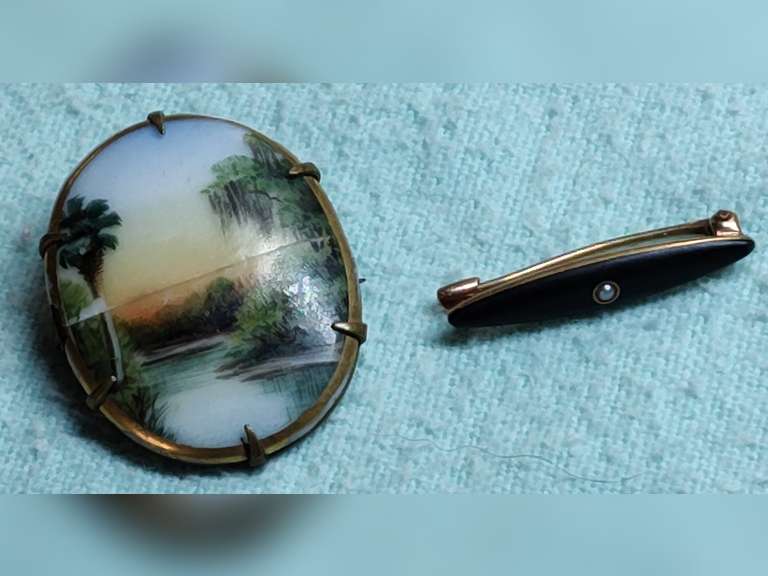 14K Gold brooch pin and hand painted brooch pin