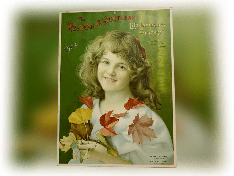 1904 Western Southern Life Insurance Calendar, Cincinnati, Ohio. Beautiful Girl Advertising On The Front And Calendar On The Reverse. Bright Colors, Minor Wear Over 120 Years Old! 13 1/2" X 10"