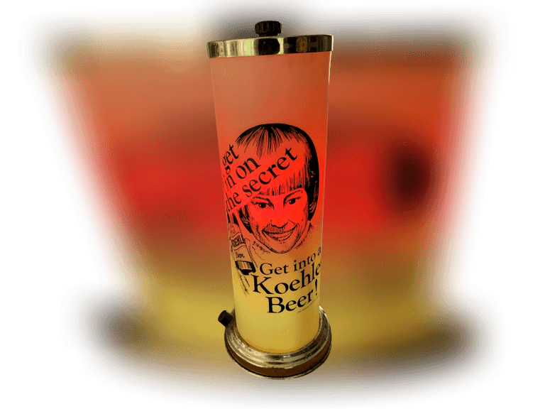 Koehler Beer Lighted Sign, 1960s Erie, Pennsylvania.  Beatles Looking Guy On One Side, Old Man On Reverse, As This Is 2 Sided. Has Some Age Toning. Note: This has 3 Color Lightbulbs Inside, but they are non-blinking. Some People Change To Blinking Bulbs To Add Motion. 13 X 5”
