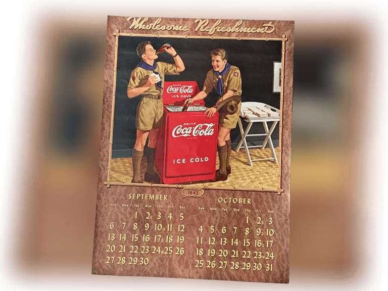 1942 Coca-Cola Single Page Calendar featuring Boy Scouts - Powerful, Bright Colors, 20" X 14”