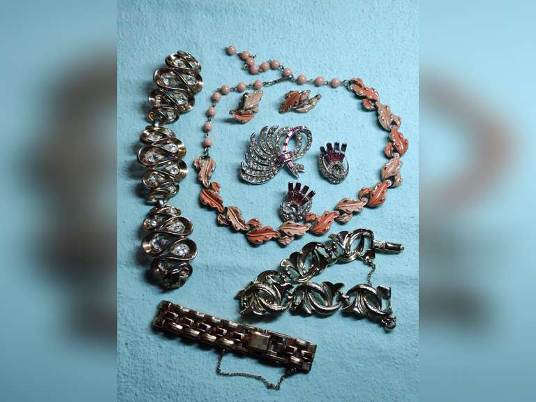 Pell, Trifari, Everline and Coro jewelry lot - one side of rings is missing stones