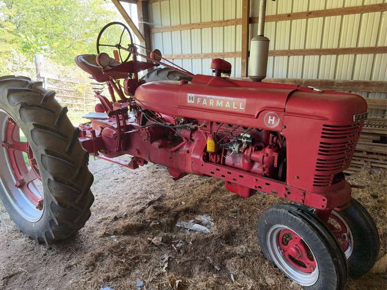 1947 Farmall H. running.  Sounds good. Needs some attention and a good home. Could not get it to throttle back.  Small fuel leak. Needs some new gaskets. You will need to winch it on to a trailer.