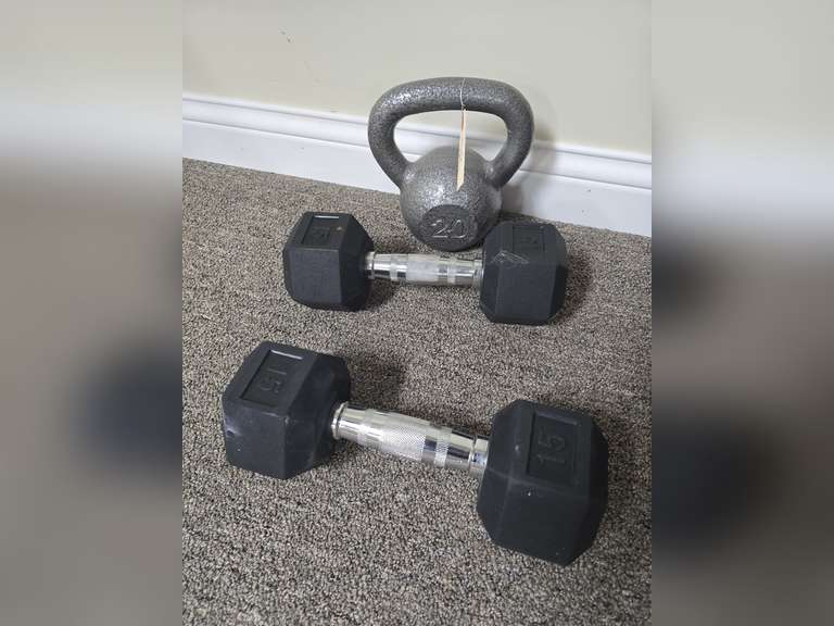 25lb Kettle Bell and (2) 15lb dumbbells