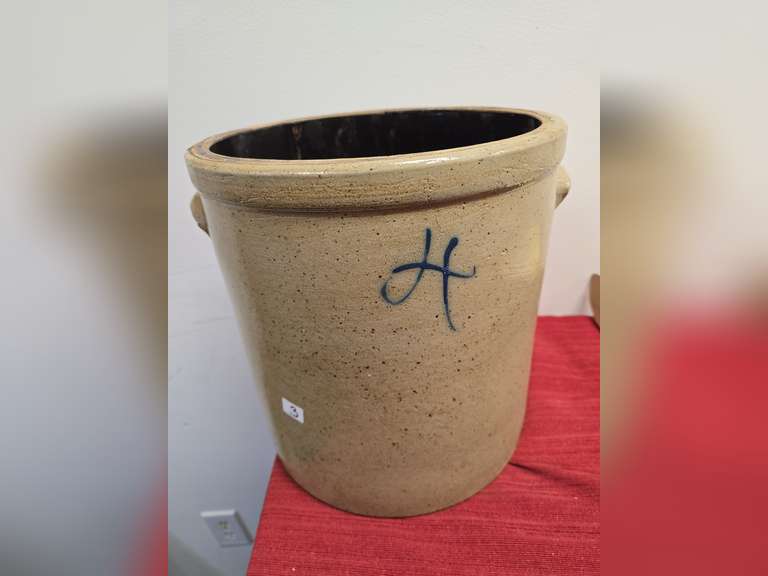 4 Gal American stoneware crock with two applied molded handles and cobalt blue slip painted H, chipped handle and inside rim