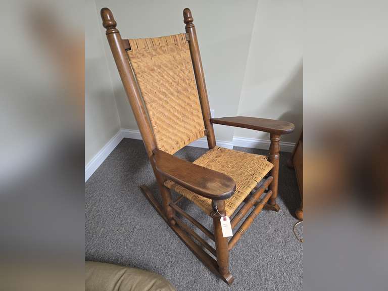 Antique Cane Rocking Chair, Tall Back, Wide Arm Rests