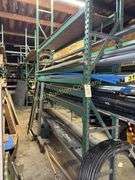 Warehouse shelving with contents (3 rows) 96' (not including metal pipe) buyer responsible for disassembly and removal