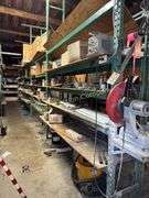 Warehouse shelving with contents (3 rows) 96' (not including metal pipe) buyer responsible for disassembly and removal