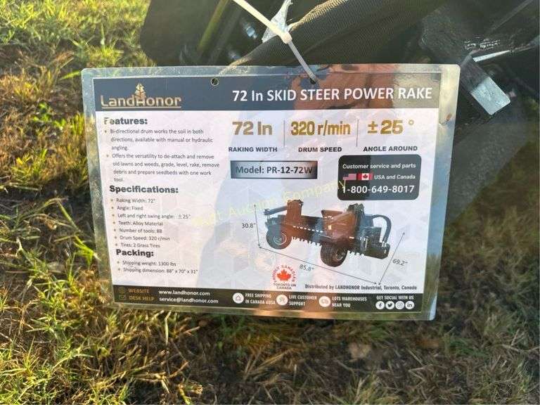 LandHonor PR-12-72W Skid Steer Power Rake, 72" Wi