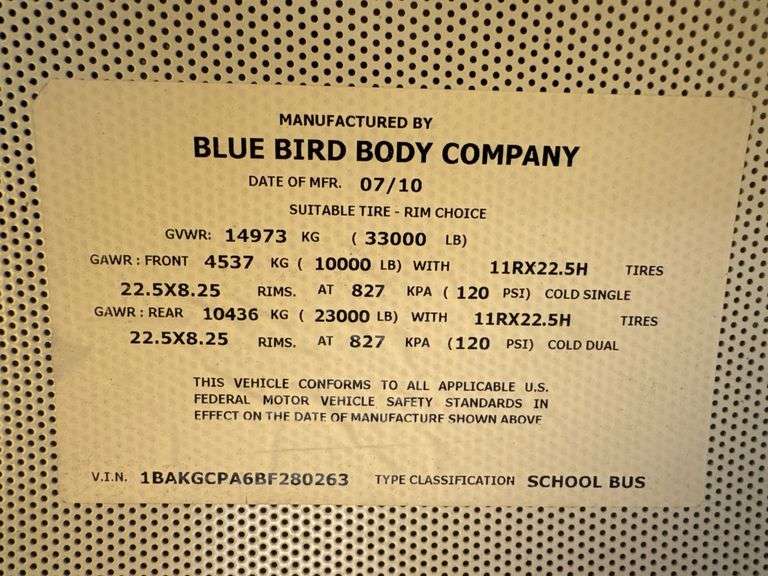 2011 Blue Bird Vision School Bus, Diesel, 72 Passenger-NON RUNNING- MSO and BILL OF SALE