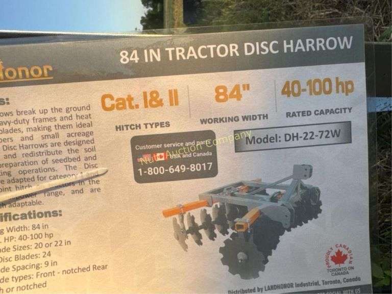 LandHonor Disc Harrow DH-22-72W, 84" Width, Cat I