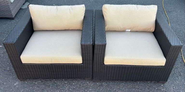(2) TK Classics Jet Black Wicker Patio Arm Chairs w/ Khaki Cushions