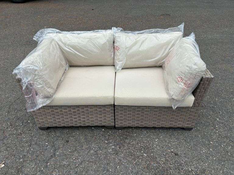 TK Classics 2-PC Dual Tone Wicker Patio Sofa w/ Vanilla Cushions