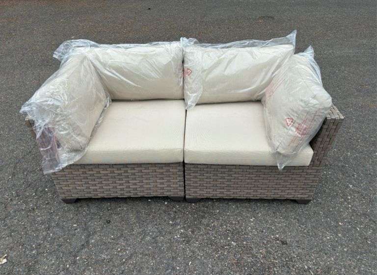 TK Classics 2-PC Dual Tone Wicker Patio Sofa w/ Vanilla Cushions