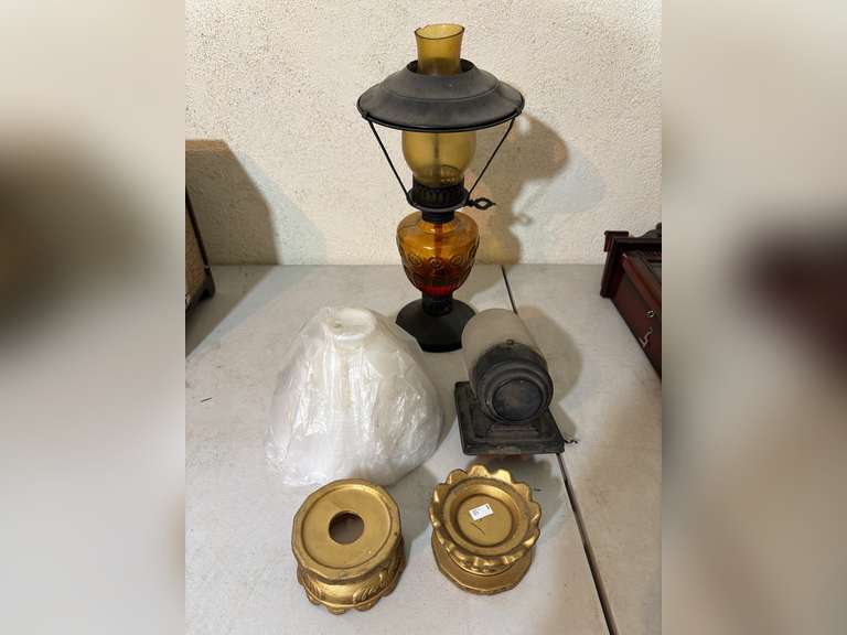 Antique Oil Lamp, Outdoor Light, (2) Candle Holders, & Light Shade