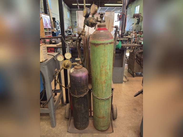 Oxy-Acetylene Welding Setup w/ Tanks, Adapters, Hoses, Cutting/Welding Tips & Cart