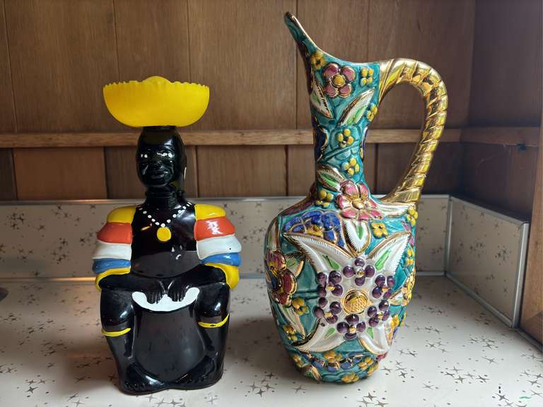 Decorative Floral Vase/Pitcher & Decorative Figure Liquor Bottle