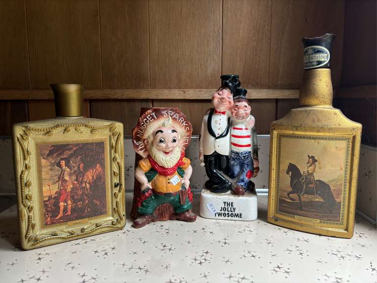 (3) Assorted Antique Liquor Bottles, & Prospector Decoration