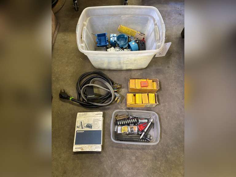 Tote of Assorted Electrical Supplies/ Hardware