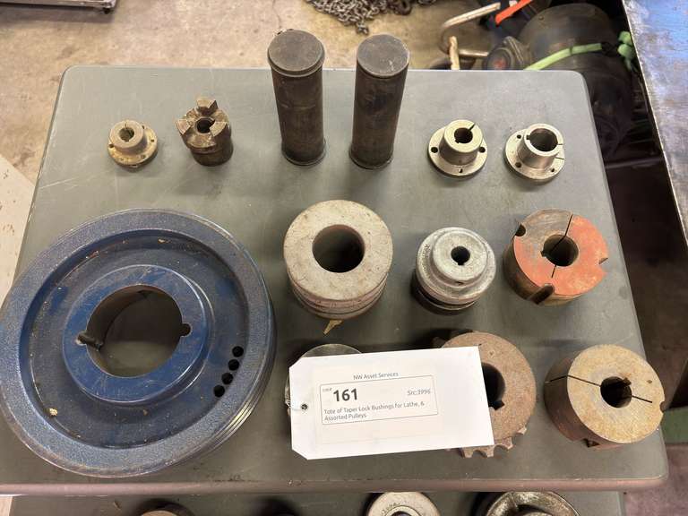 Tote of Taper Lock Bushings for Lathe, & Assorted Pulleys