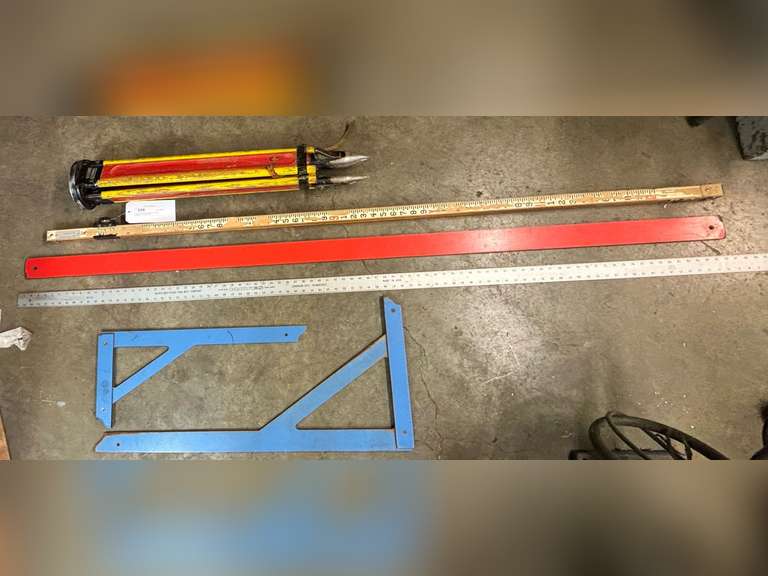 Mayes 96” Ruler, Grade Stick, Tripod, Squares & Straight Edge