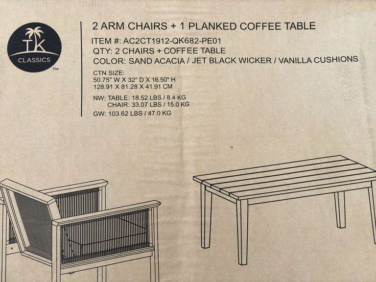 TK Classics - 2 Arm Chairs & 1 Planked Coffee Table Set *NIB