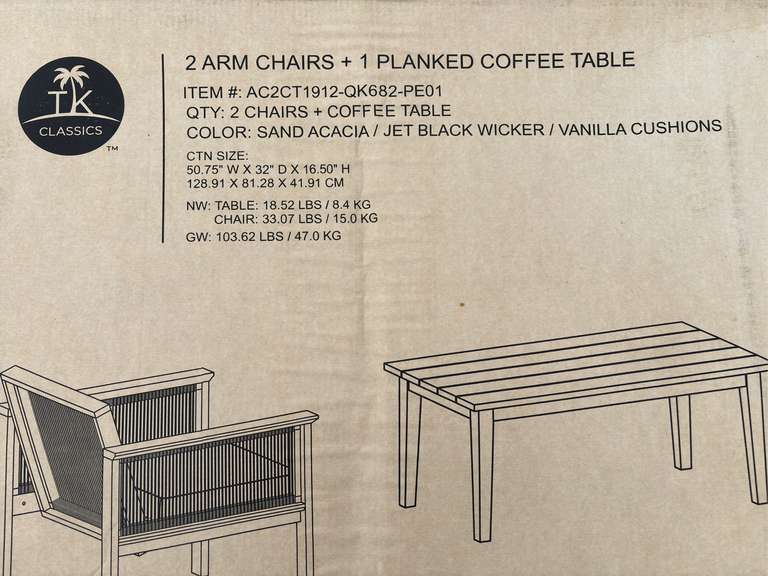 TK Classics - 2 Arm Chairs & 1 Planked Coffee Table Set *NIB